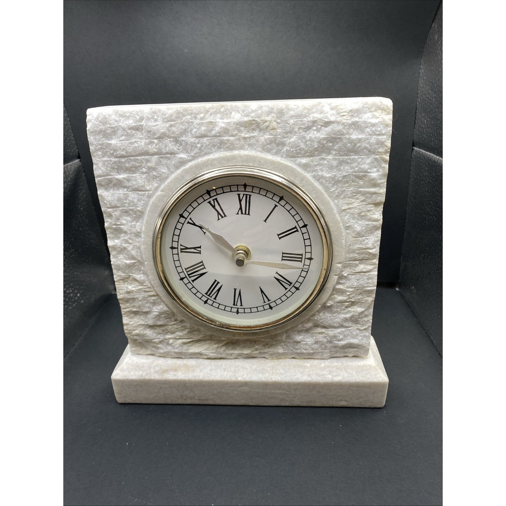 White‎ Marble Mantle Desk Clock Alabaster Heavy Works